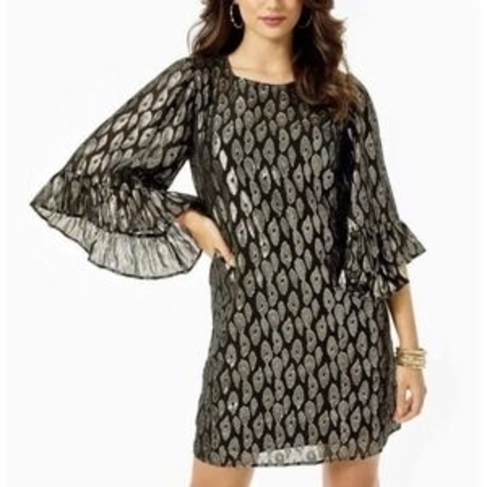 Lilly Pulitzer Francis Dress Black and Gold Patterned Long Sleeve SZ S NWOT